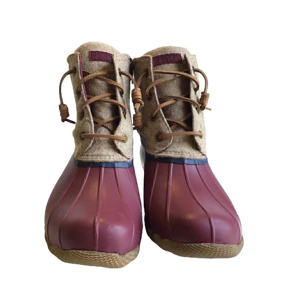 Sperry Saltwater Wool Womens 8 Rain Duck Boots Tan Burgundy Lace Up Fall Winter
